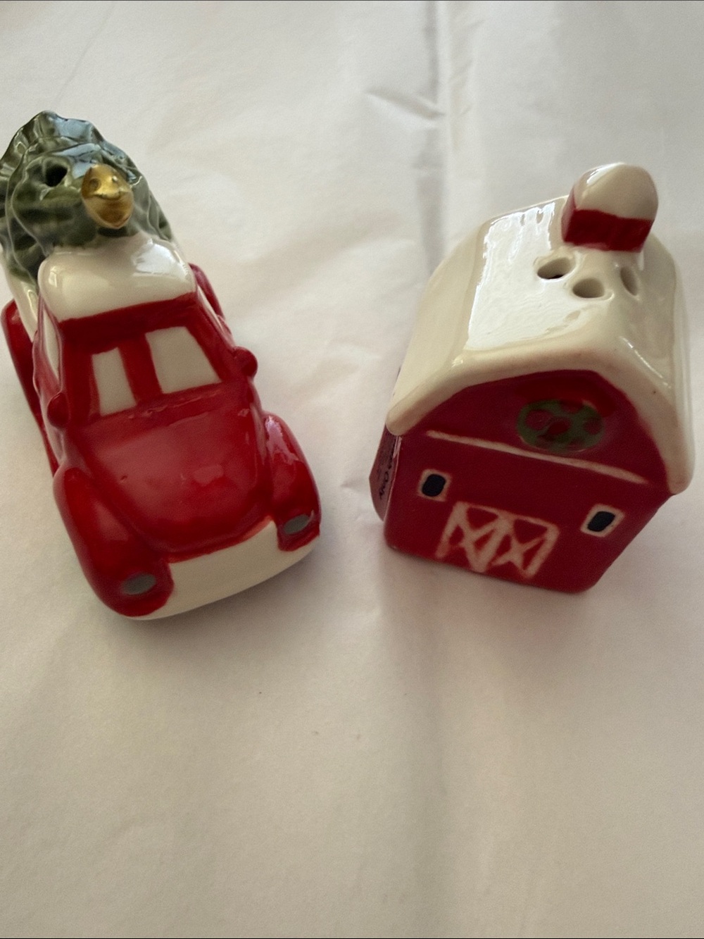 Cracker Barrel Red &White Truck with Barn Holiday Salt Pepper Shakers